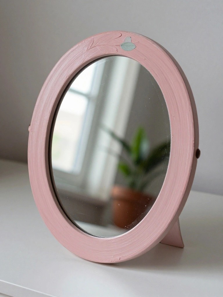 Pink oval standing mirror with leaf accents on white surface