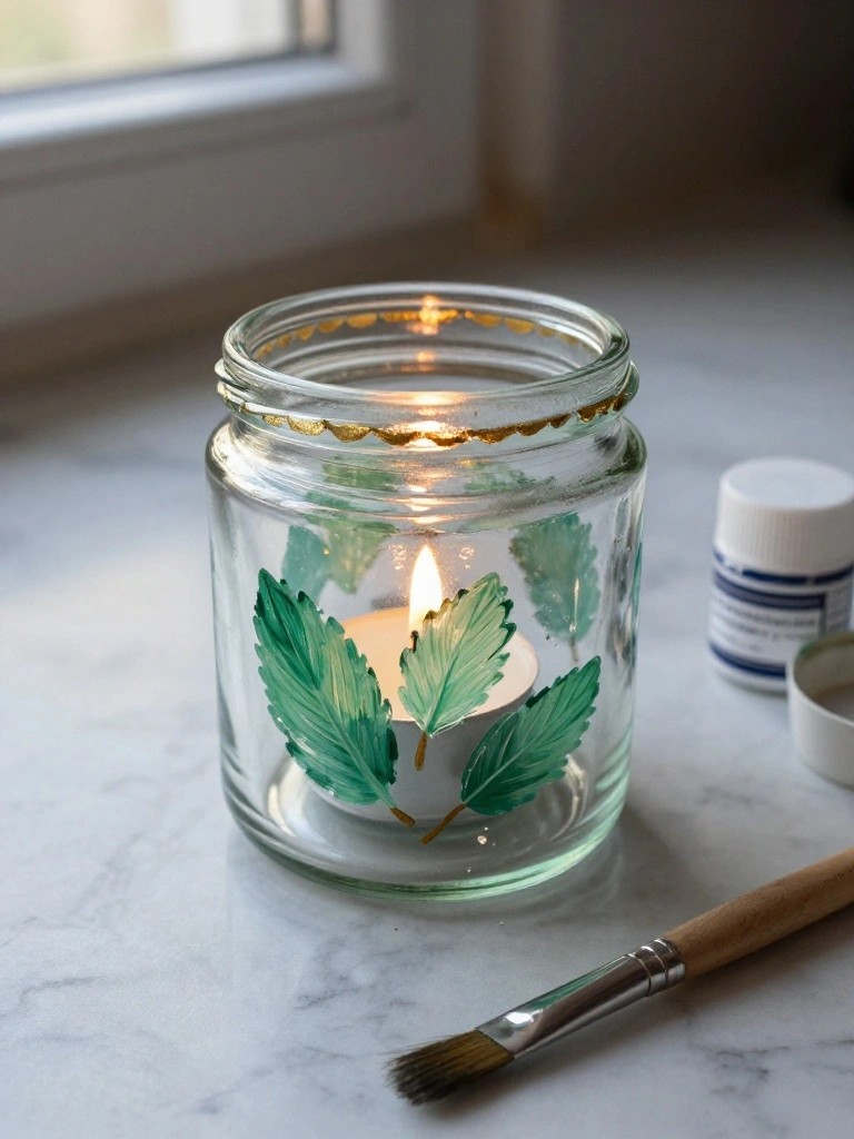 Lit candle in glass jar with green leaf paintings, gold rim, paintbrush on marble