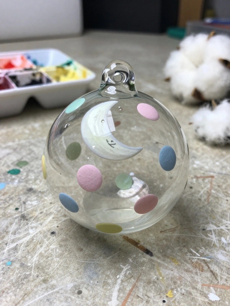 Glass ornament with crescent moon face and pastel polka dots on paint-splattered surface