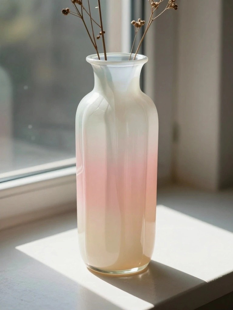 A tall frosted glass vase with a pink-to-cream gradient sits on a sunny windowsill holding a few dried stems.