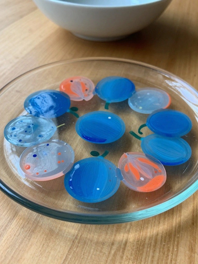 Blue and orange glass beads with green stems in clear dish on wood