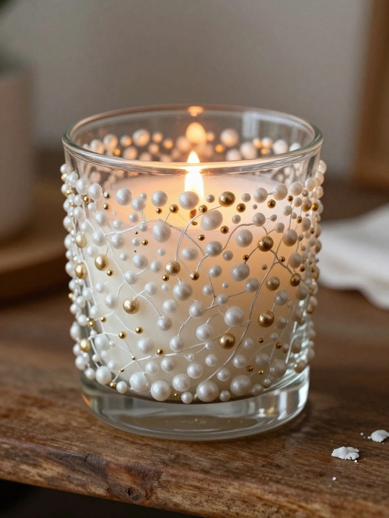 Lit candle in glass holder with white pearls and gold beads on wood