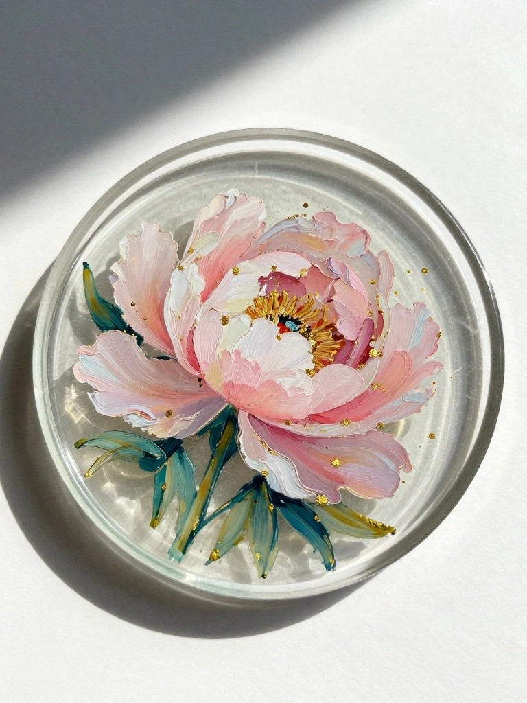 Pink peony with gold accents and green leaves in clear resin circle