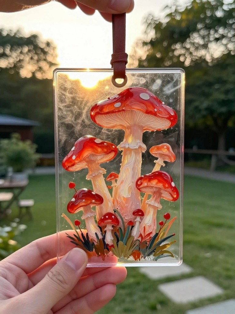 Hand holding clear resin keychain with red mushrooms and leather strap at sunset
