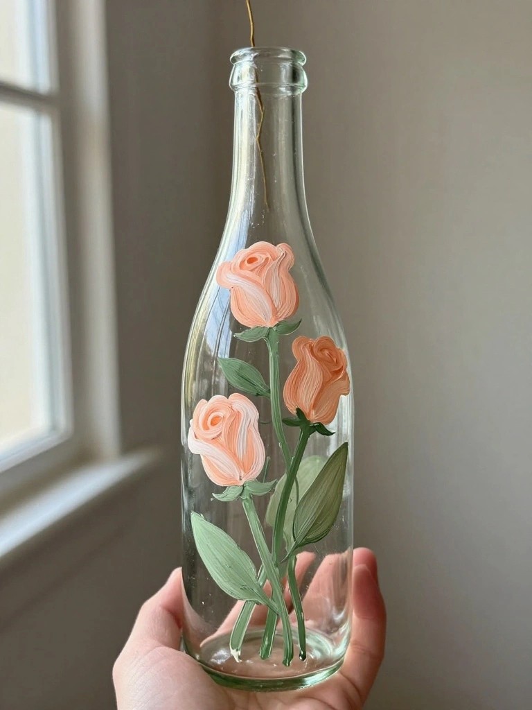 A hand holding a clear glass bottle with painted peach roses and green leaves.
