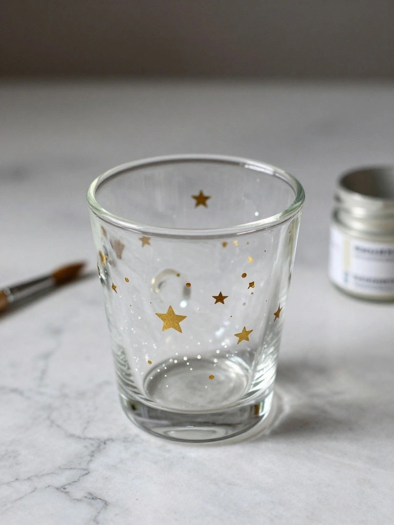 Glass tumbler with gold stars beside paintbrush and jar on marble surface