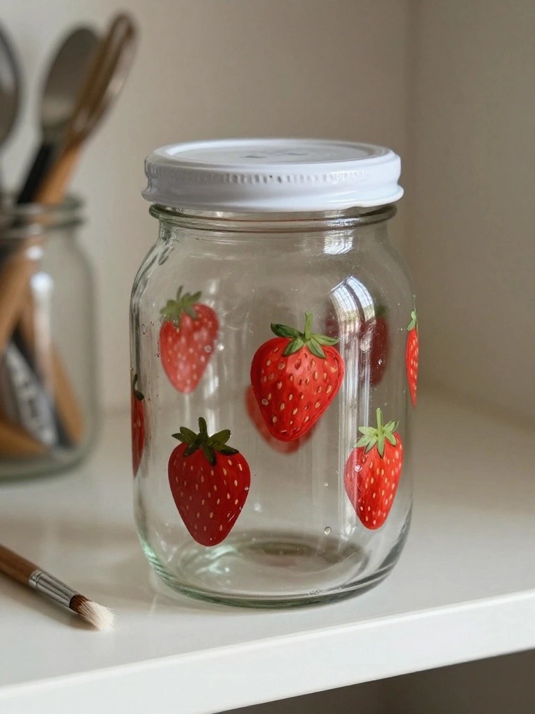 A clear glass mason jar with white lid painted with scattered red strawberries sits on a white shelf next to a paintbrush.