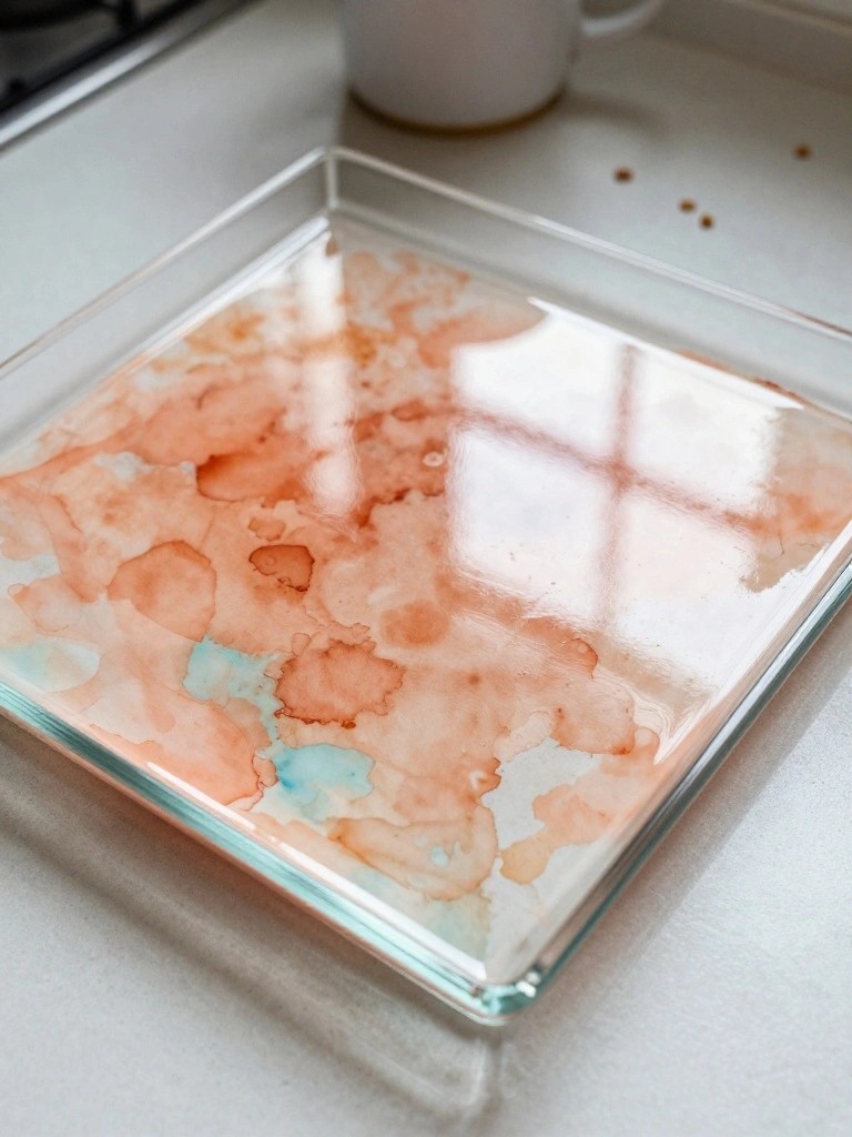 Square glass tray with marbled peach, orange, and blue fluid art on white surface