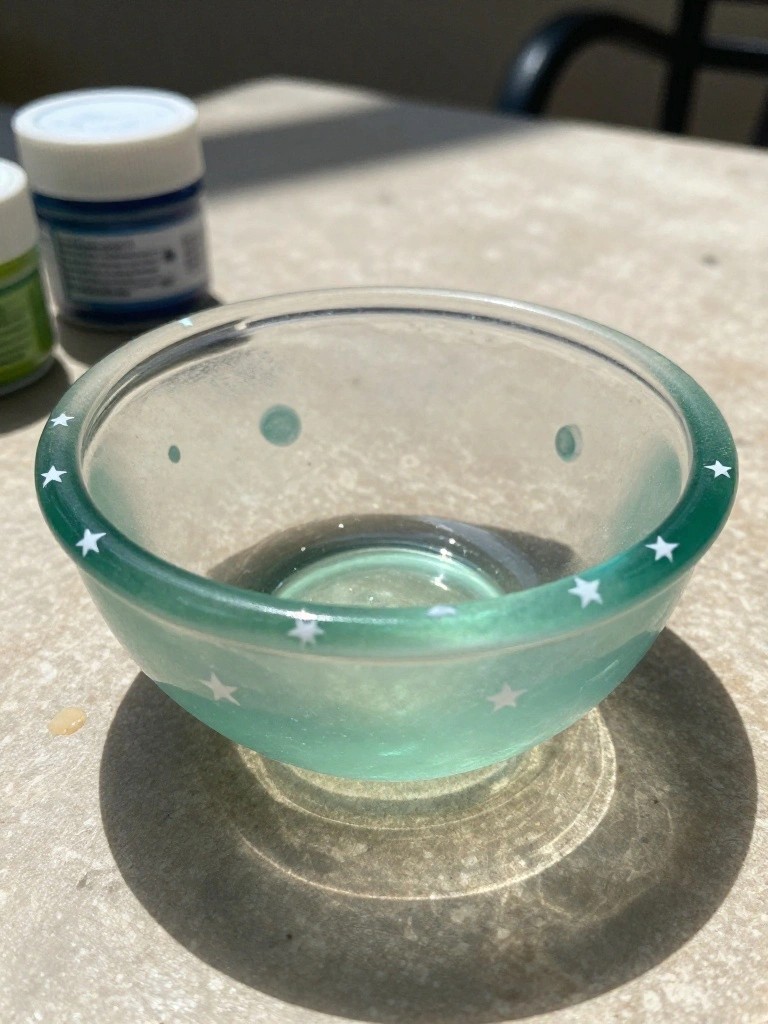 Small green glass bowl with white stars on speckled outdoor table