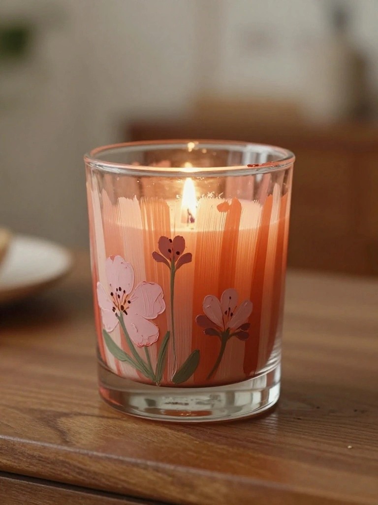 A lit candle in a clear glass holder painted with orange stripes and pink flowers sits on a wooden table.