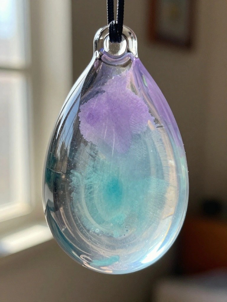 Teardrop glass pendant with purple and turquoise abstract designs on black cord