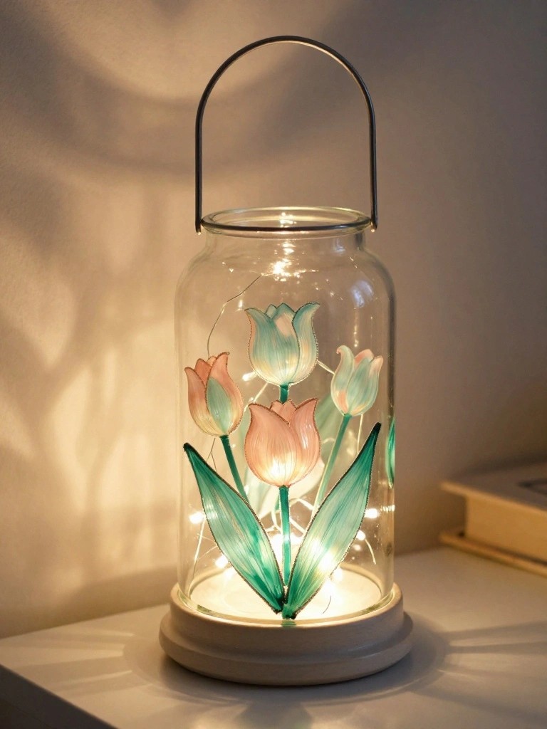 Glowing glass lantern with pink tulips, green leaves, and fairy lights inside.