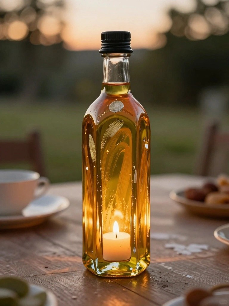 Lit candle inside glass bottle of golden liquid on wooden table at dusk