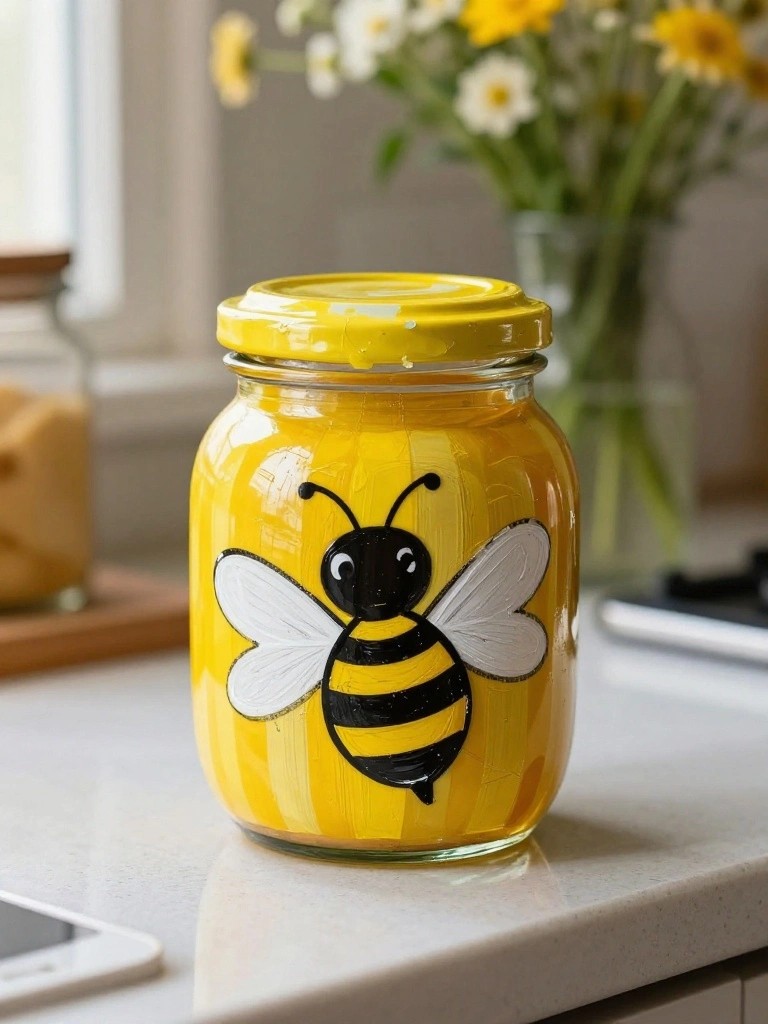 Yellow painted glass jar with striped bee on kitchen countertop with flowers behind