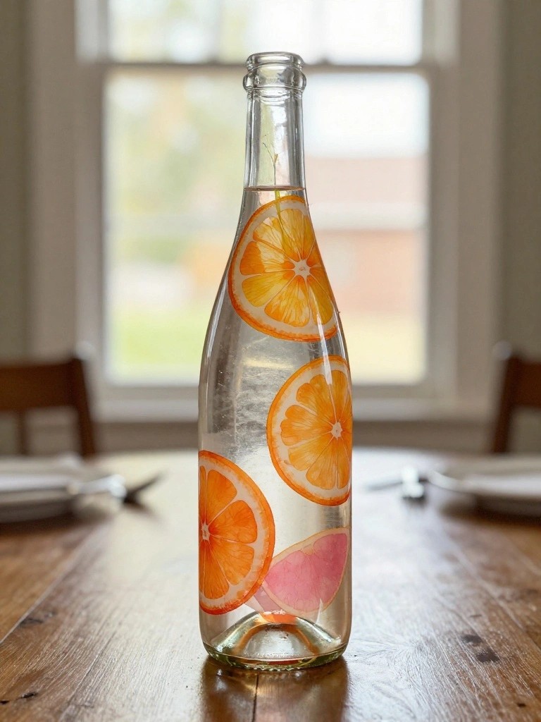 Glass bottle with floating orange and pink grapefruit slices on wooden table
