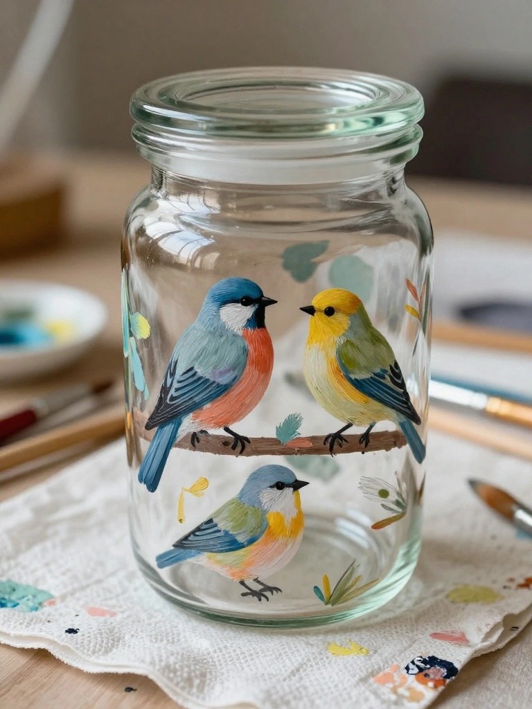 Painted glass jar with three colorful birds on branches amid foliage.