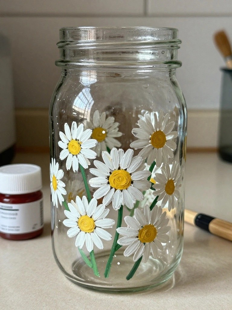 Glass mason jar hand-painted with white daisies, yellow centers, and green stems on counter