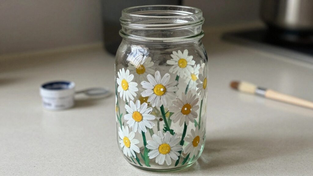 21 Practical Glass Painting Designs for Recycled Jars and Bottles Glass mason jar hand-painted with white daisies, yellow centers, and green stems on counter