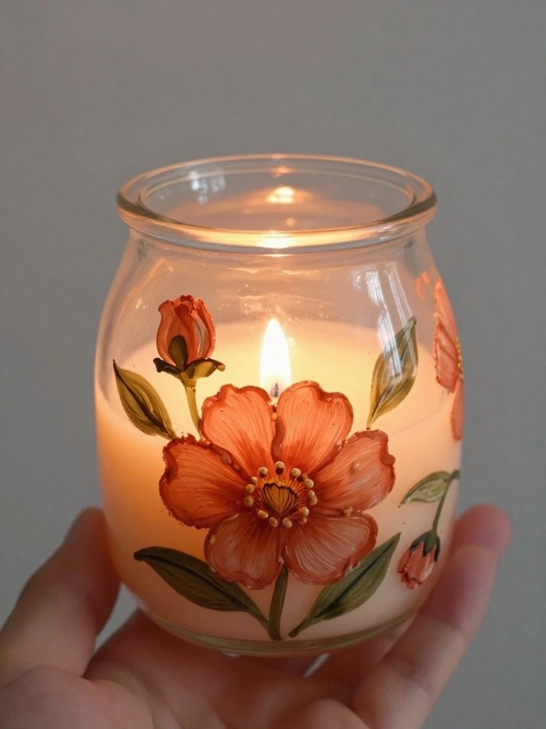 Hand holding lit glass jar candle painted with orange flowers and leaves