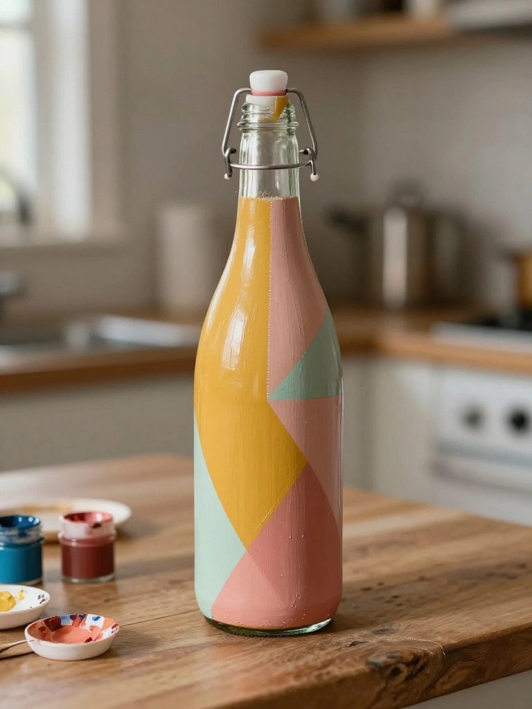 Colorful geometric-patterned glass bottle stands amid paint supplies on wooden table.
