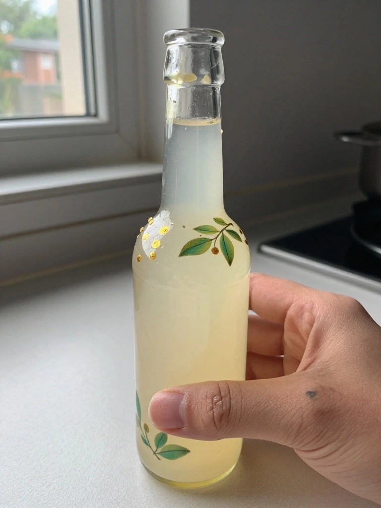 Hand holding glass bottle of pale yellow liquid with green leaf designs