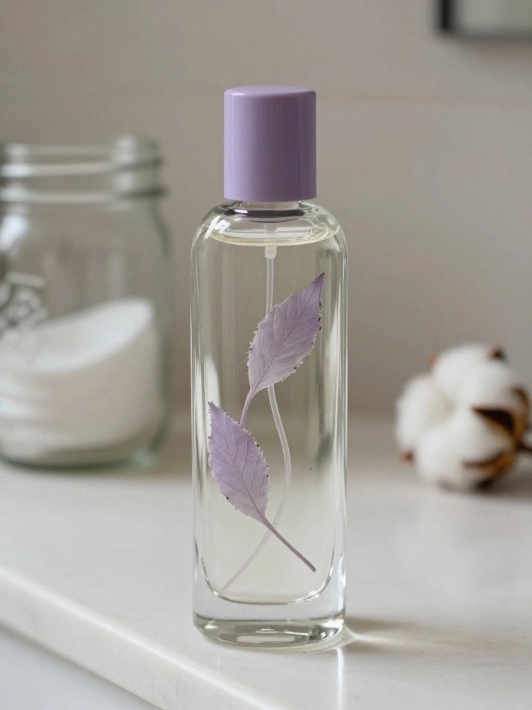 Clear glass bottle with purple cap and two floating lavender leaves on white surface