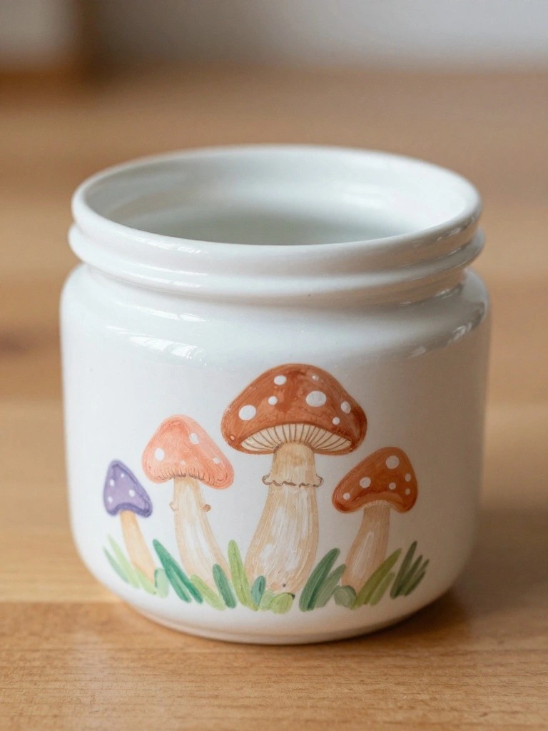 A small white jar painted with mushrooms in brown, orange, and purple sits on a wooden surface.