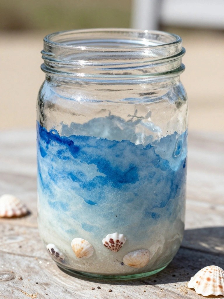 Glass jar with blue watercolor design and seashells on wooden surface