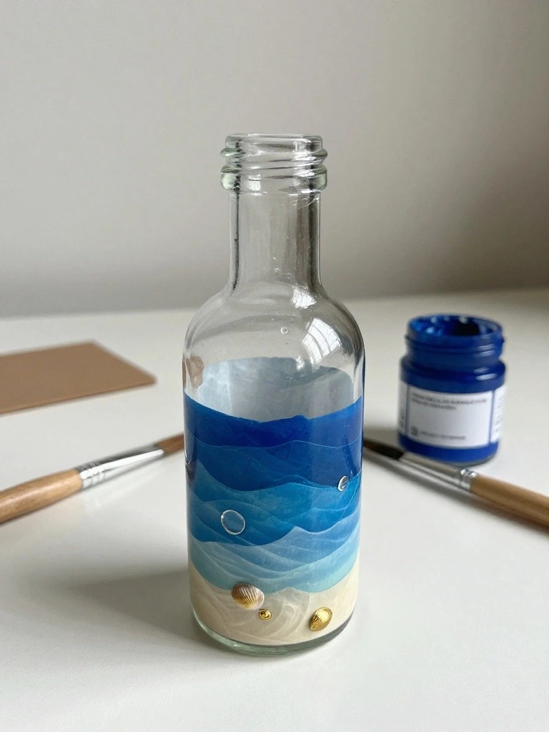 A small clear glass bottle with blue wave painting and a sandy base holding shells and gold dots sits on a white surface beside paint and brushes.