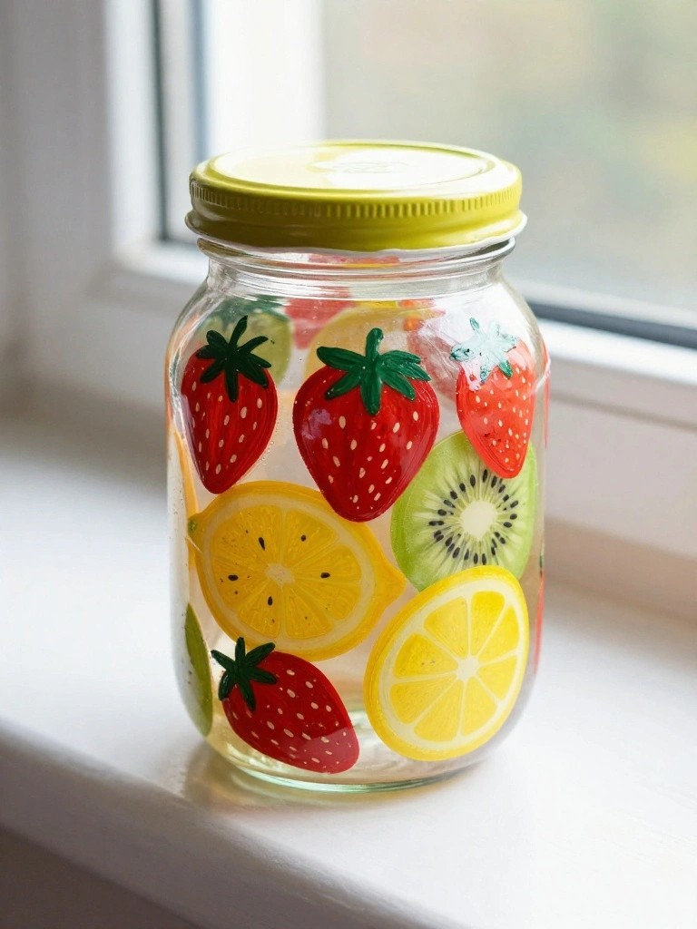 Glass jar with yellow lid painted with strawberries, lemons, and kiwi on sill