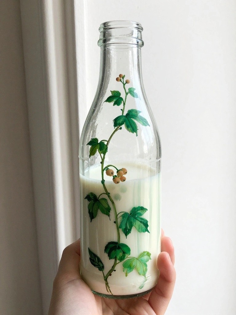 Hand holding glass bottle painted with green vine, leaves and berries, half-filled with milk.