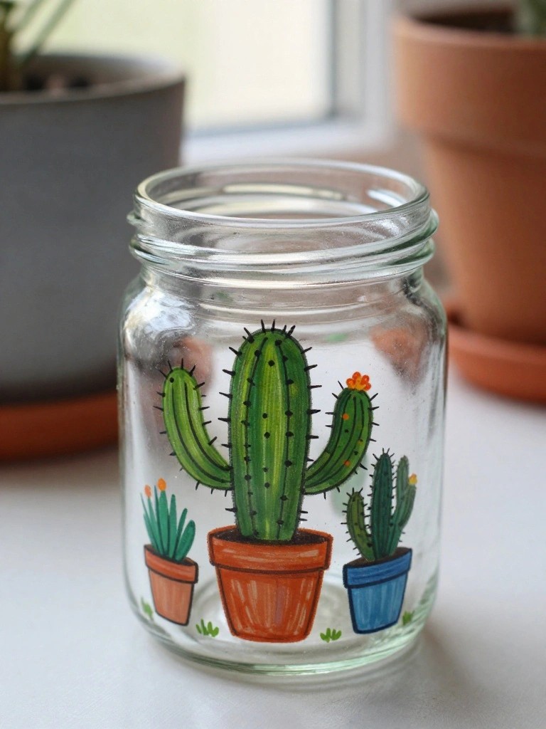 Glass jar with hand-painted green cacti in orange and blue pots