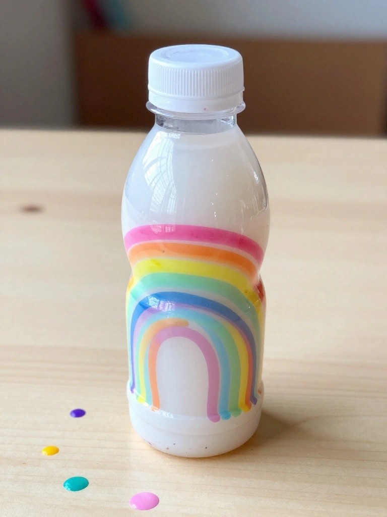 White bottle with arched rainbow design on wooden table with paint dots