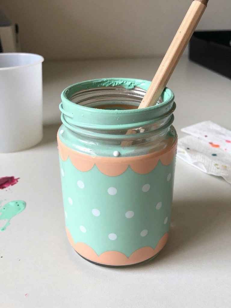A clear glass jar painted mint green with white polka dots and peach scalloped borders, brush resting inside the open top.