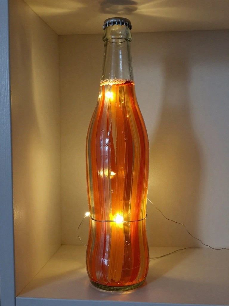 String lights glowing inside glass bottle of orange liquid on shelf
