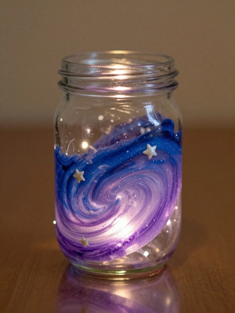 A clear glass mason jar with blue and purple swirling galaxy paint and white stars glows from a light inside while resting on a wooden surface.