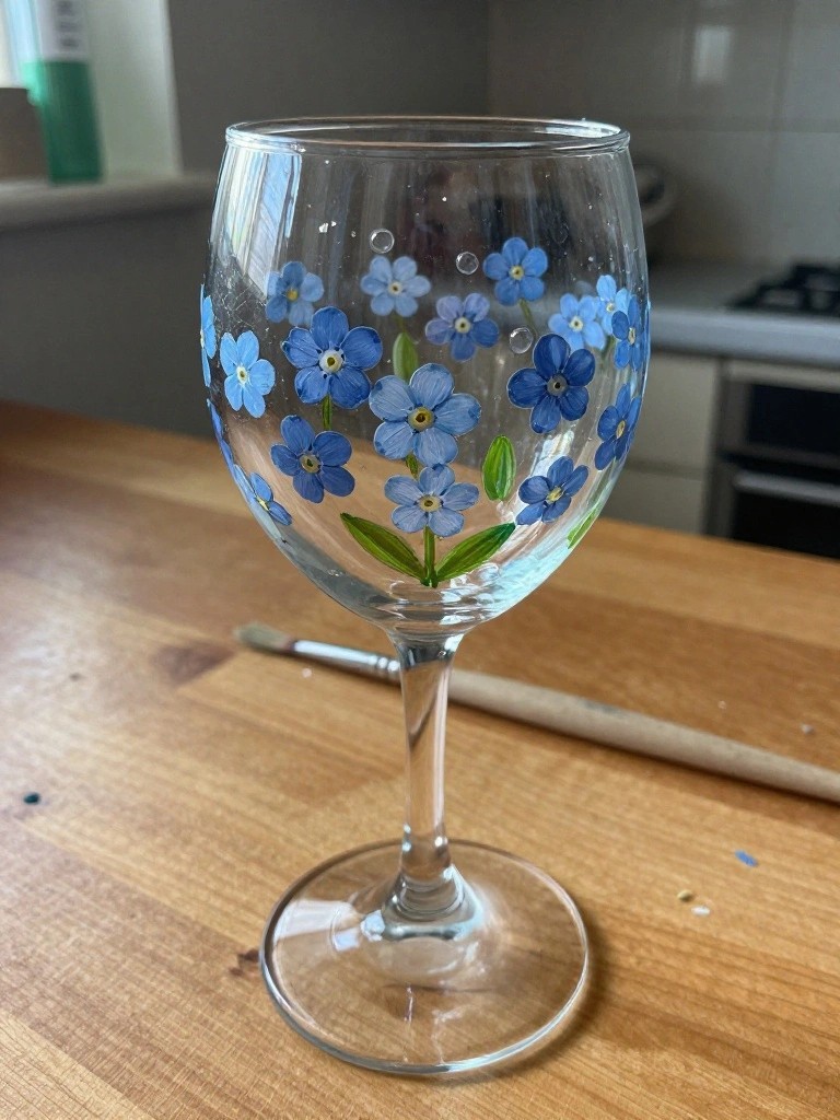 Wine glass hand-painted with blue forget-me-not flowers and green leaves on wood.
