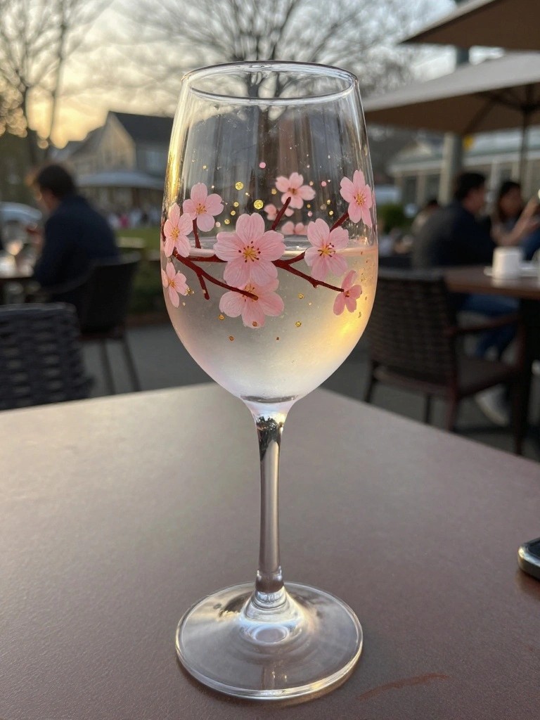 Wine glass with pink cherry blossoms and gold dots on outdoor table