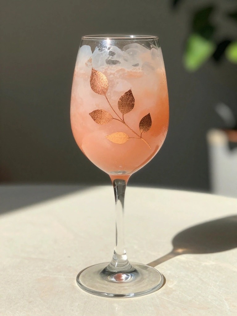 A clear stemmed wine glass filled with a peach drink and ice, showing a copper leaf branch painted on the bowl.