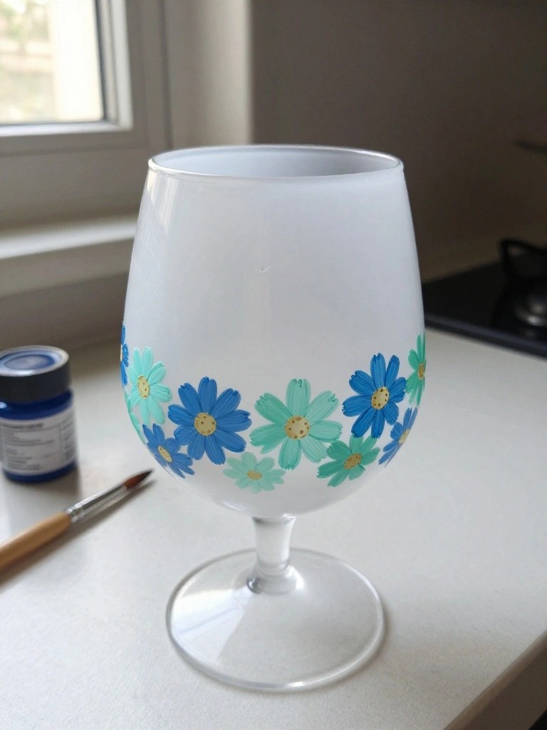 Frosted wine glass with blue and green painted flowers beside paint jar and brush.