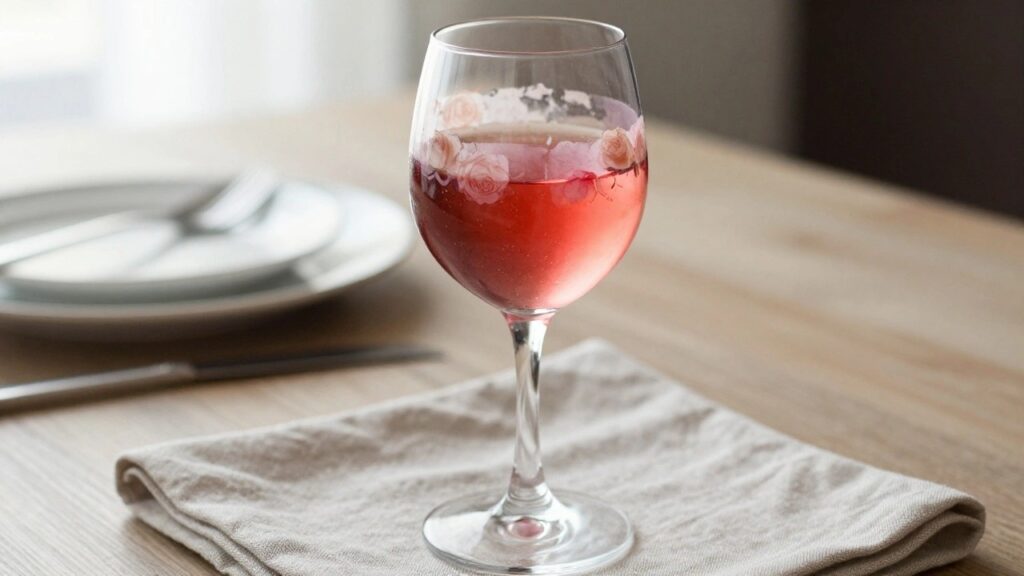 19 Soft Floral Wine Glass Painting Ideas for Spring Brunches Wine glass of pink liquid adorned with pink roses on white tablecloth.