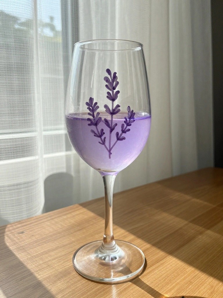 Wine glass of purple liquid with lavender designs on sunlit wooden table