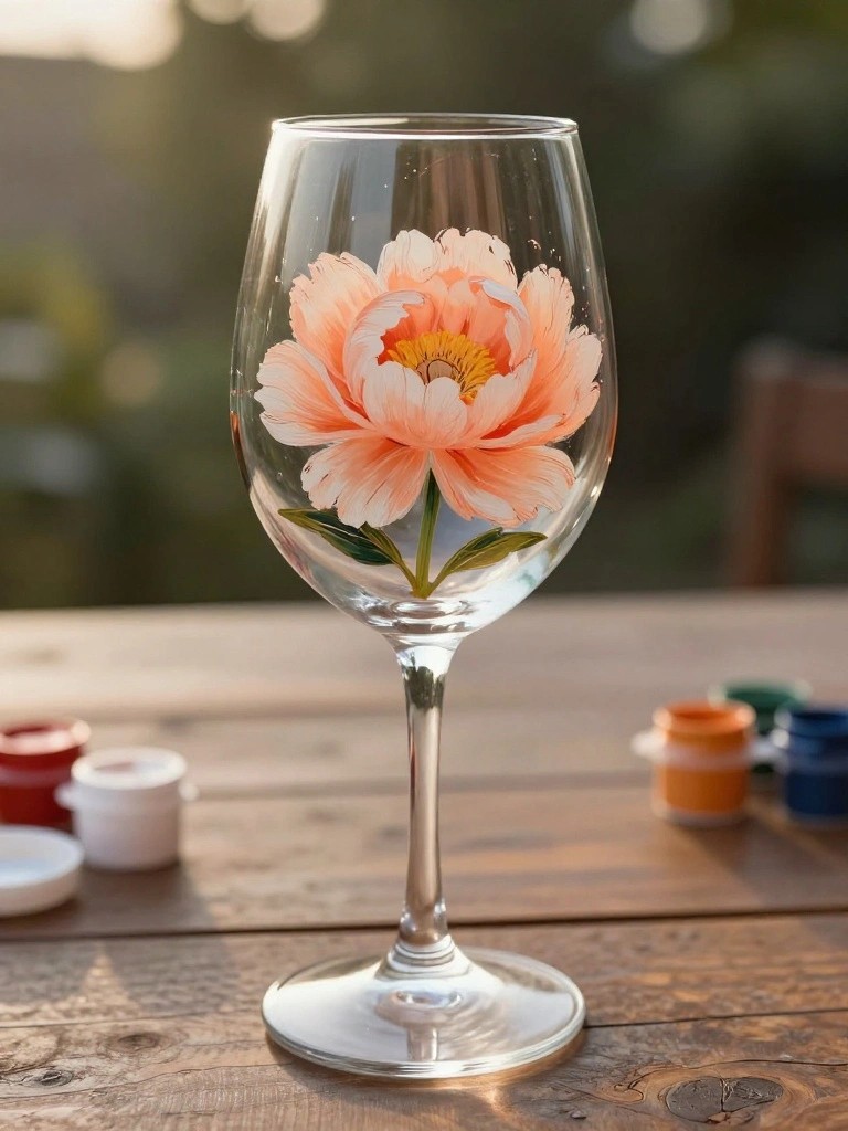 Wine glass with peach peony painting amid paint pots on wooden table