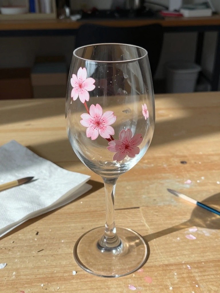 A clear wine glass painted with pink cherry blossom flowers sits on a wooden table beside paintbrushes and a paper towel.