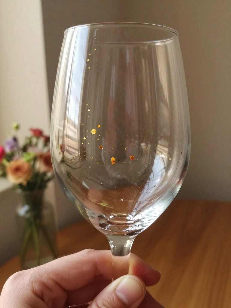 Hand holding clear wine glass with gold dots, flowers in background on wooden table