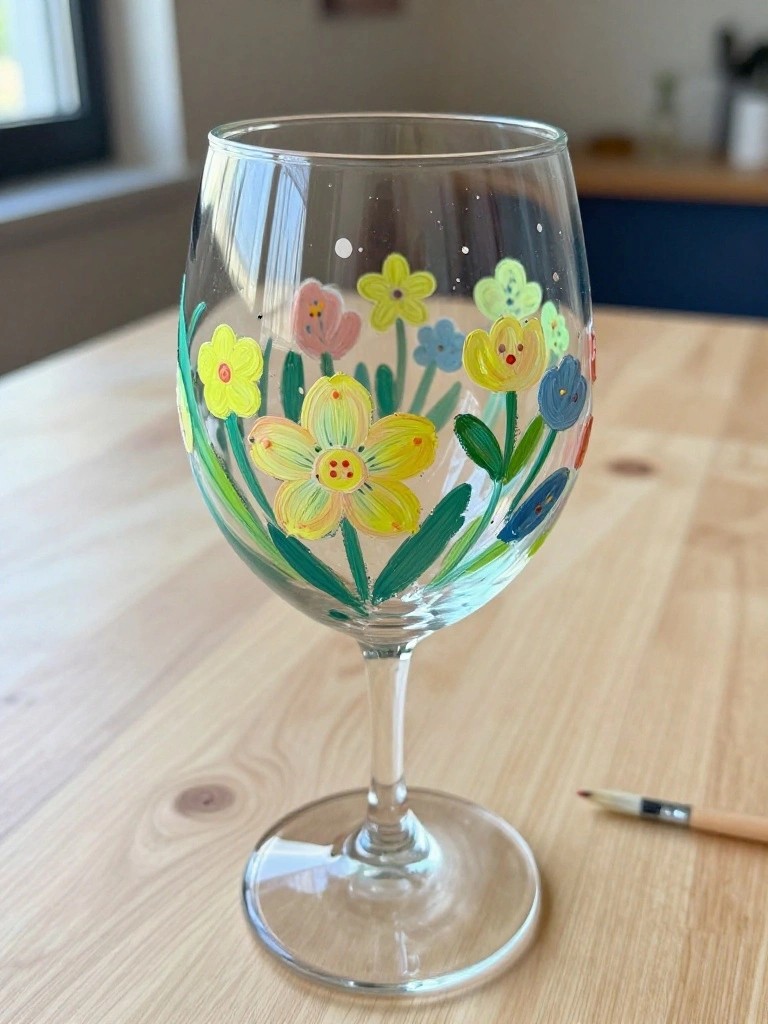 Hand-painted wine glass with colorful flowers beside paintbrush on wooden table