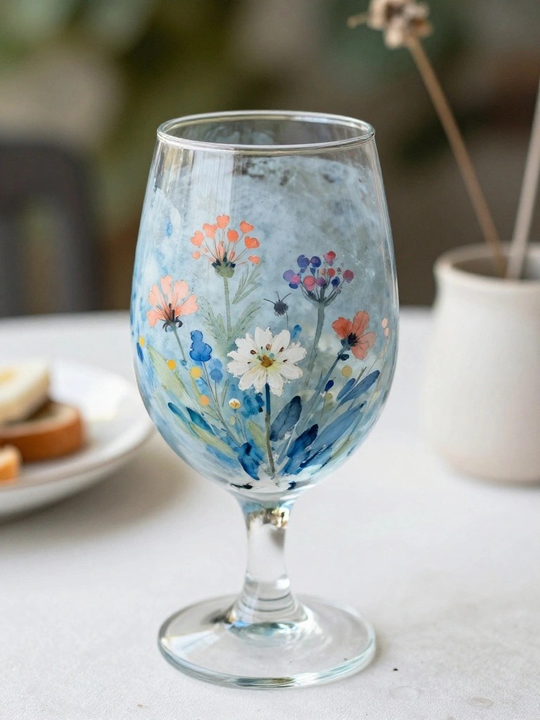 A clear stemmed wine glass painted with a light blue wash and scattered wildflowers in coral, white, and blue tones.