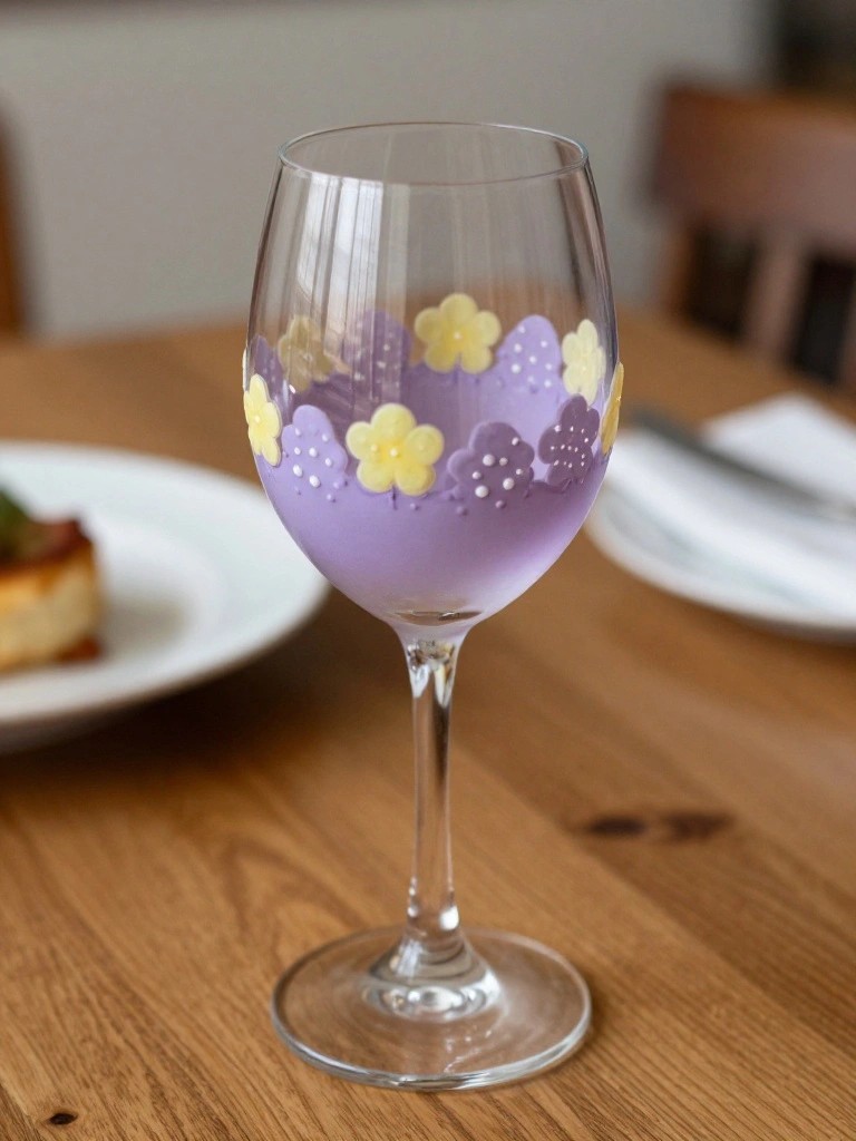 A clear wine glass with a purple painted band around the bowl decorated with yellow and purple flower shapes and white dots.