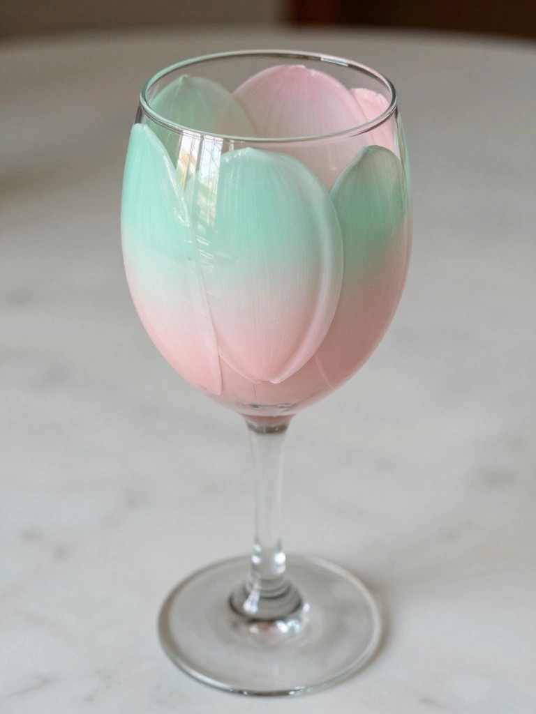 Wine glass hand-painted with pink and mint green tulip petals on marble.