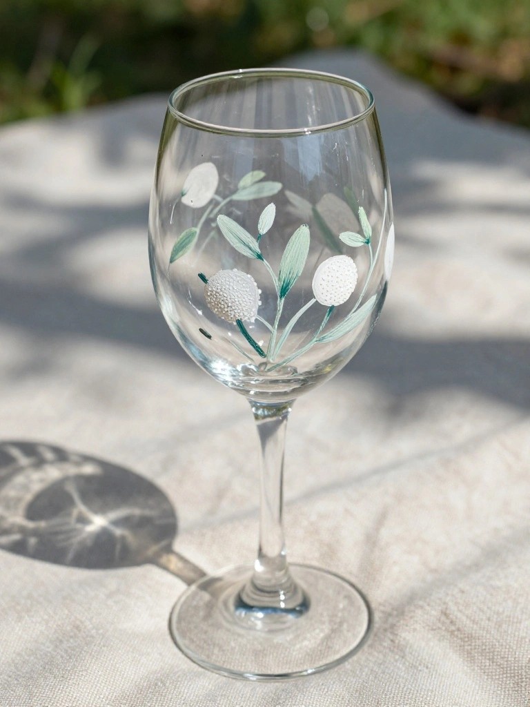 Clear wine glass with white dotted flowers and green leaves on beige cloth